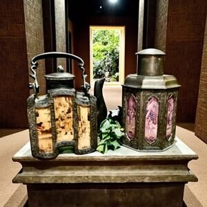 Antique Chinese Shantou Teapot & Tea Caddy-Lithograph Glass Panels-Metal-Asian